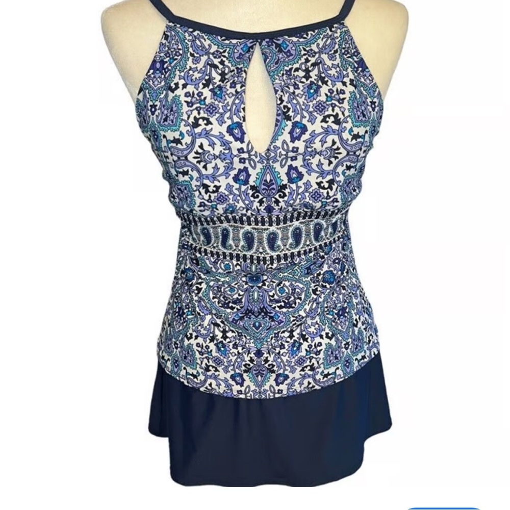 Ellen Tracy Blue and White Patterned Tankini with Skirt Bottom